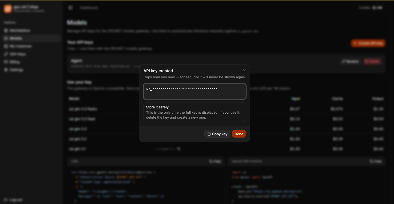 API key created dialog