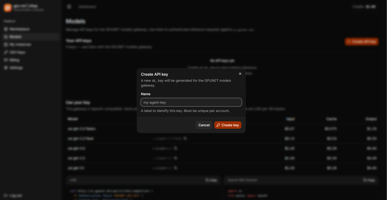 Create API key dialog