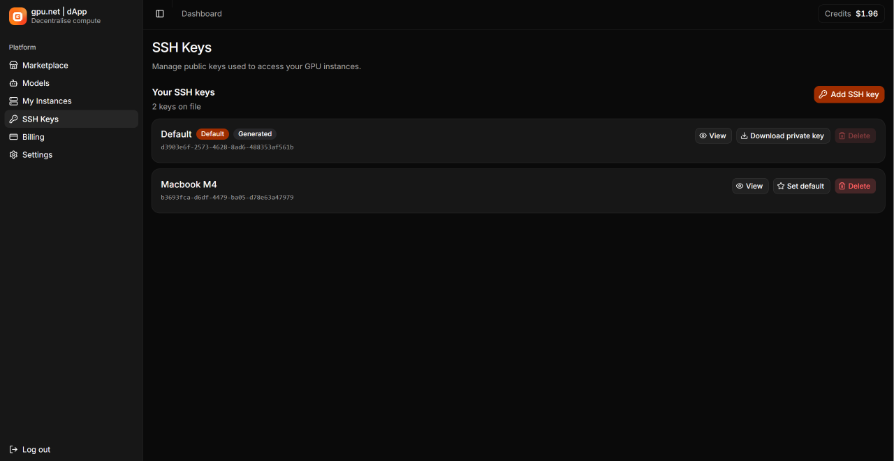 SSH Keys page listing the default key and the new key