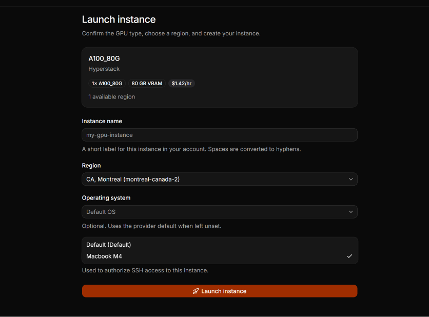 Launch instance page with the SSH key picker