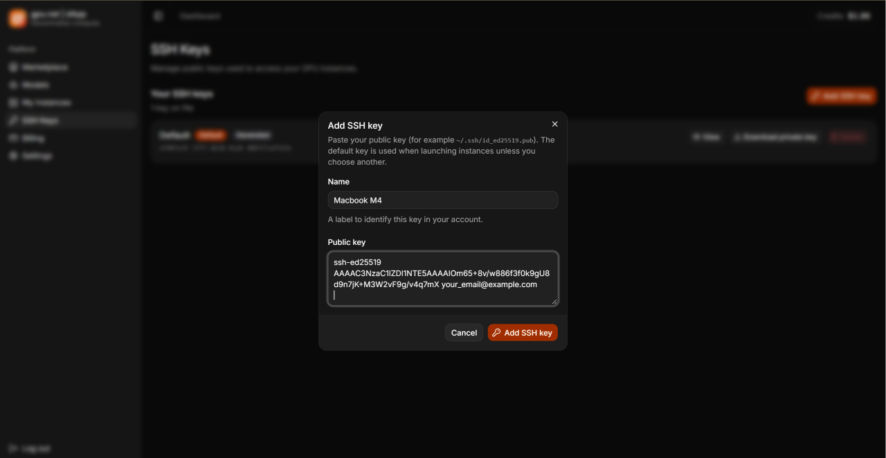 Add SSH key dialog with a name and public key filled in